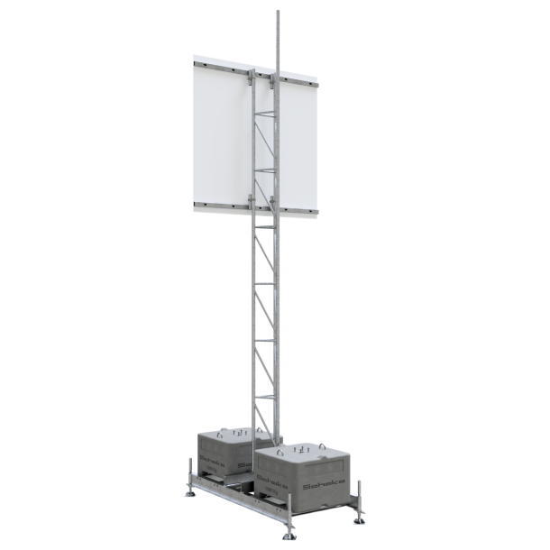 Mounting device | for various advertising board sizes | Dimensions of advertising board: 2.00 x 2.00 m consisting of: | 1 x set up frame, galvanized (part-no. 35350) | 2 x concrete set up device, 600 kg (part-no. 3F120) | 1 x lattice tower, galvanized, 6150 mm (part-no. 353017) | 2 x board holder 2.00 x 2.00 m (part-no. 353320) | 4 x rotary coupler, galvanized (part-no. 3F120-5) | without spotlight